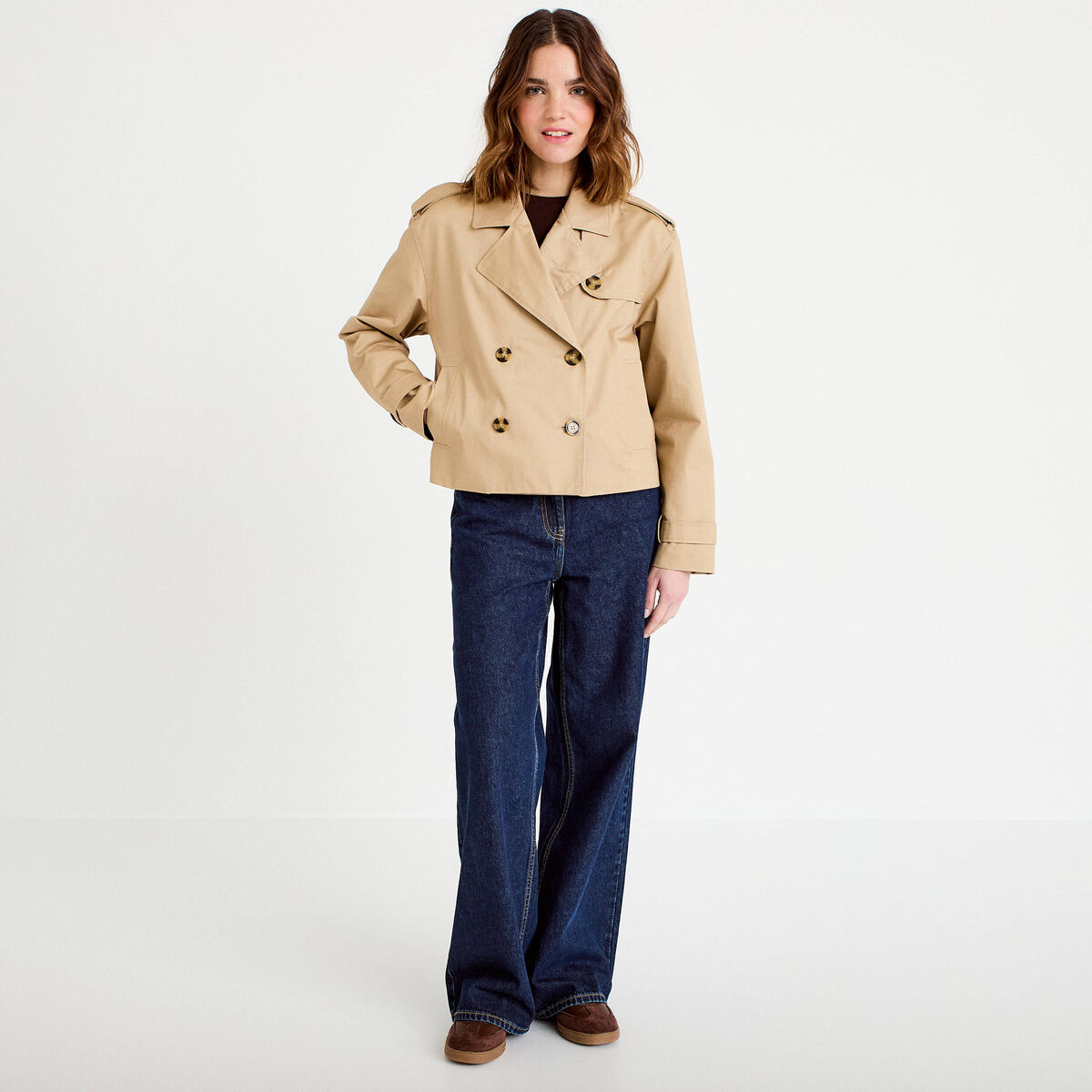 Trench droit court col tailleur sable femme