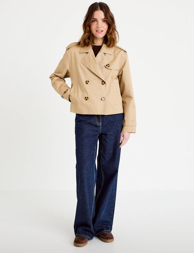 Trench droit court col tailleur sable femme