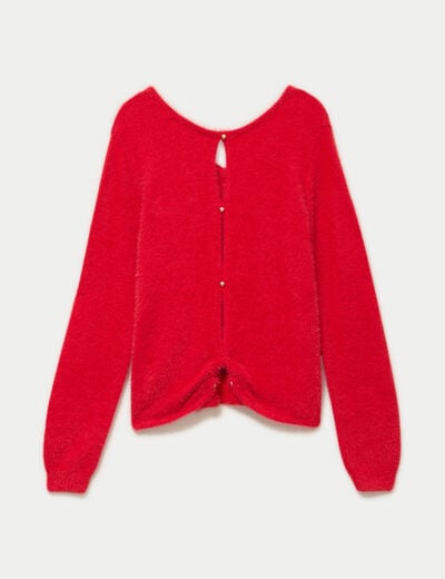 Pull col v manches longues perles rouge femme