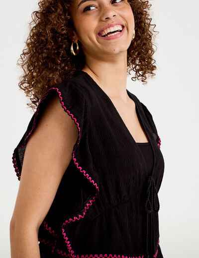 Blouse droite sans manches pliss&eacute;e noir femme