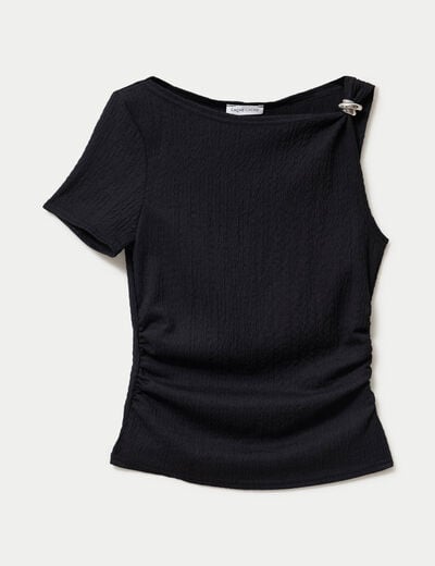 Top one shoulder pliss&eacute; manches courtes noir femme