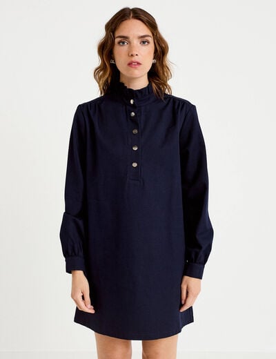 Robe droite col chemise manches longues bleu marine femme