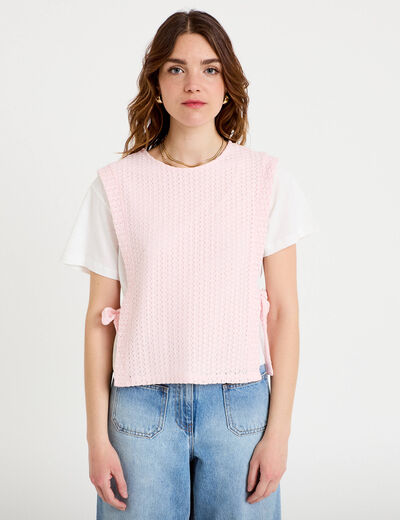 T-shirt 2-en-1 col rond manches courtes rose clair femme