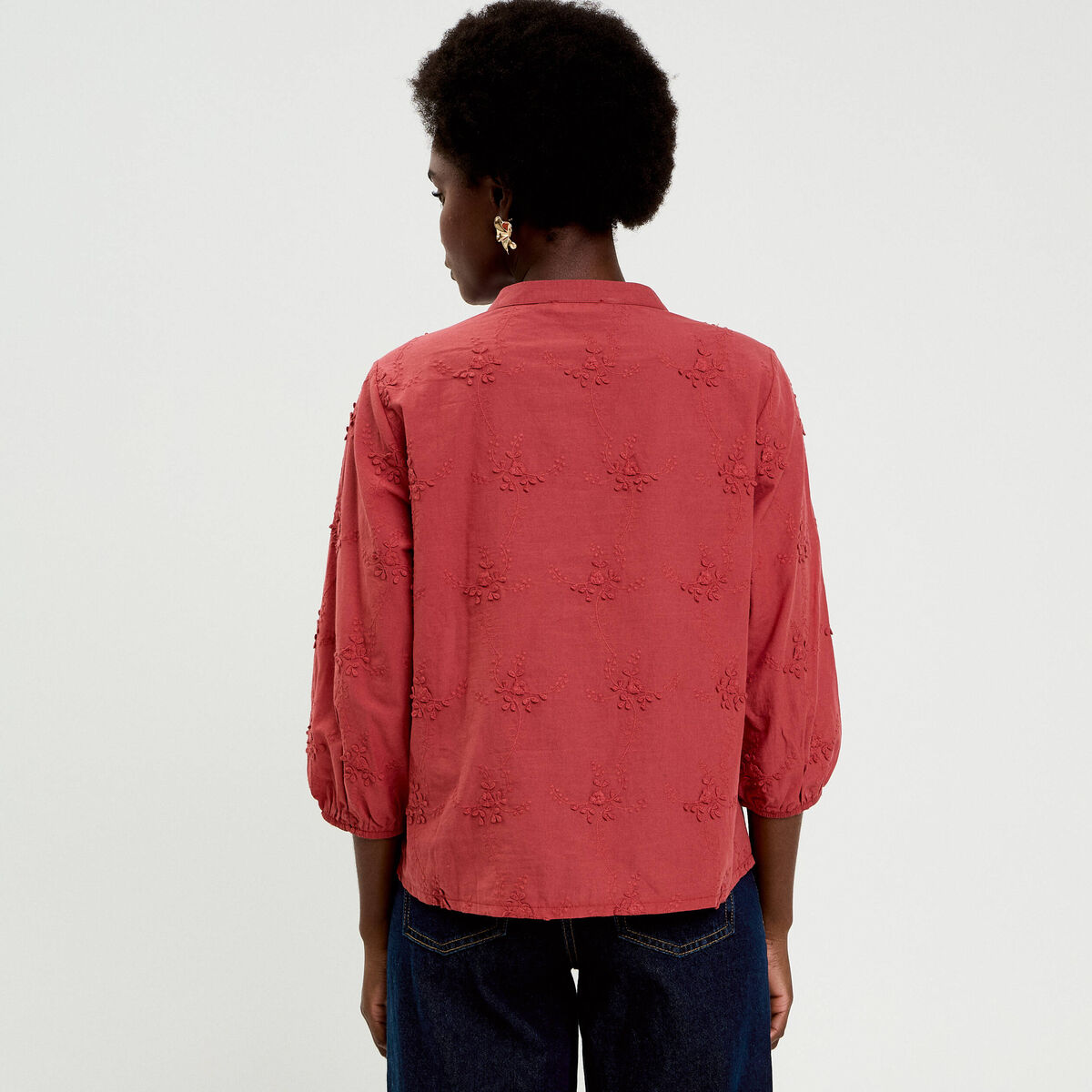 Blouse brod&eacute;e col mao manches 3/4 vieux rose femme