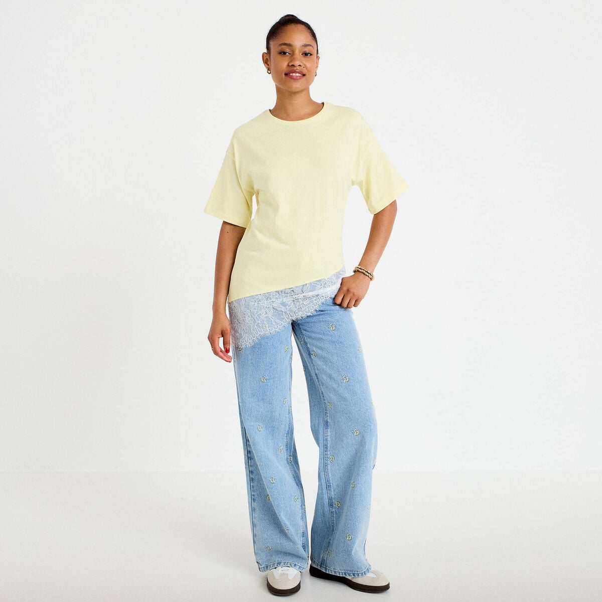 T-shirt oversize longue dentelle jaune clair femme