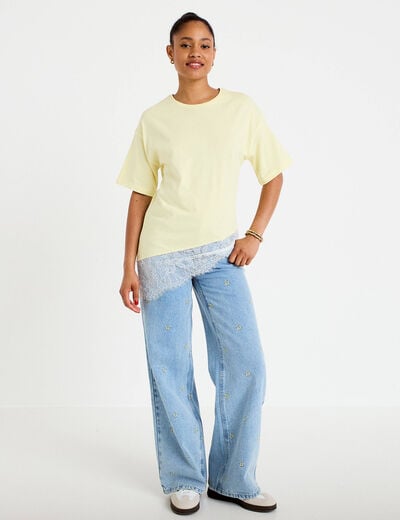 T-shirt oversize longue dentelle jaune clair femme
