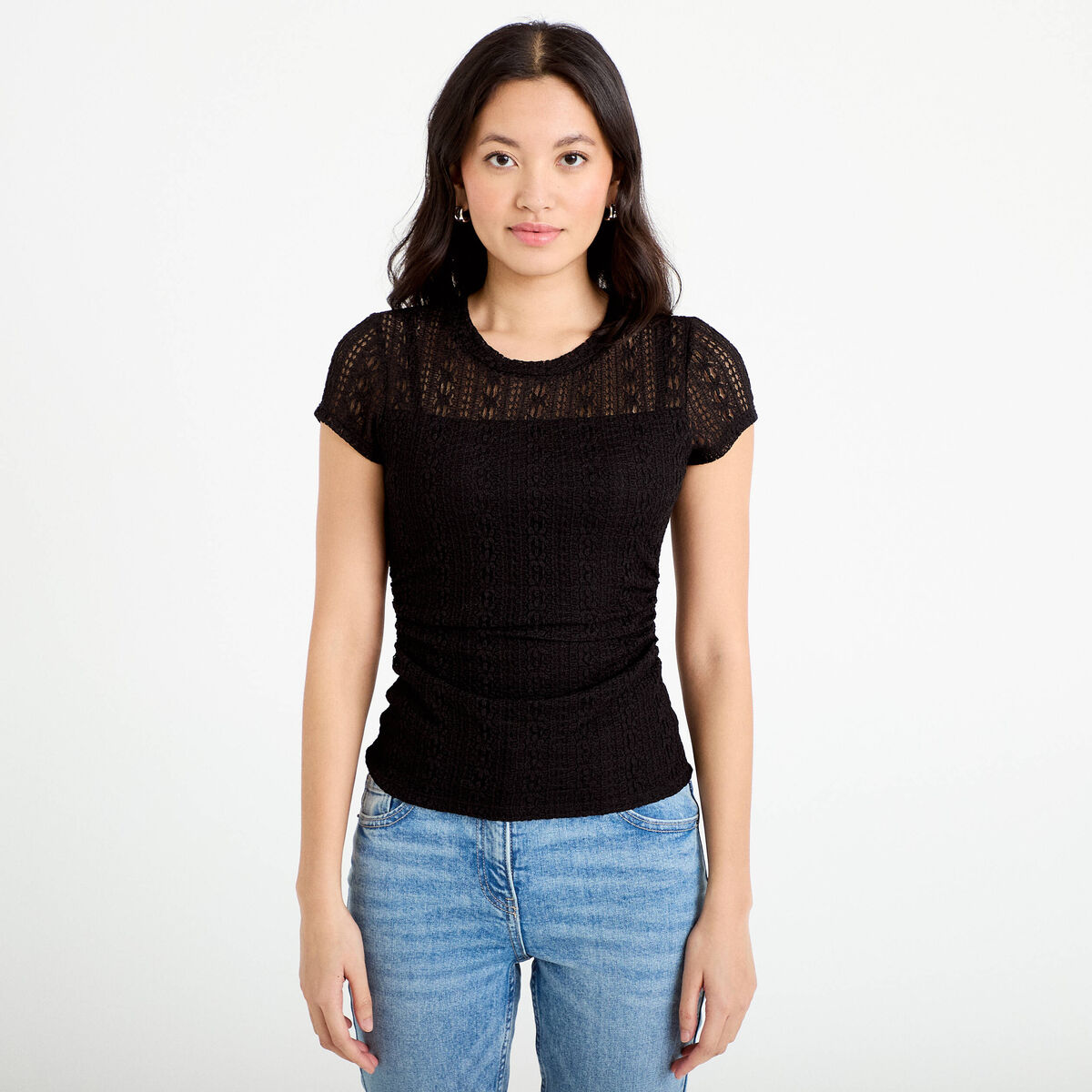 Top en dentelle col rond manches courtes noir femme