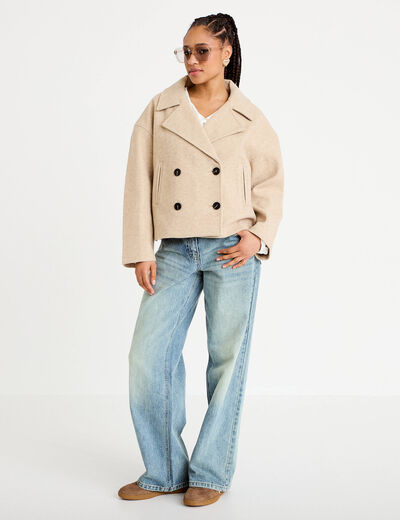 Caban court oversize col tailleur beige femme
