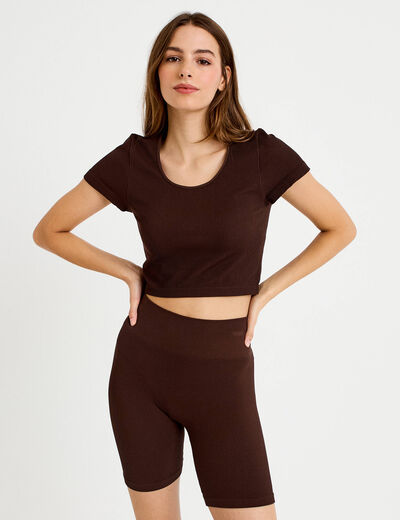 Crop top sans couture col rond marron fonc&eacute; femme