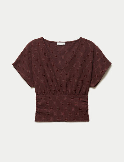 T-shirt ajour&eacute; col v manches courtes marron femme