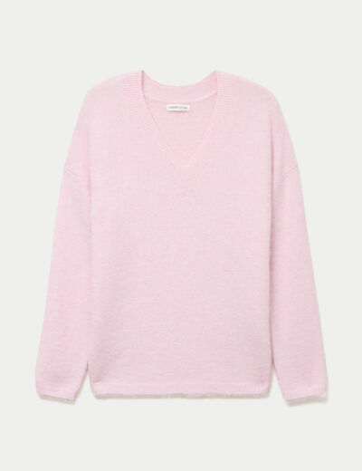Pull col v manches longues rose clair femme