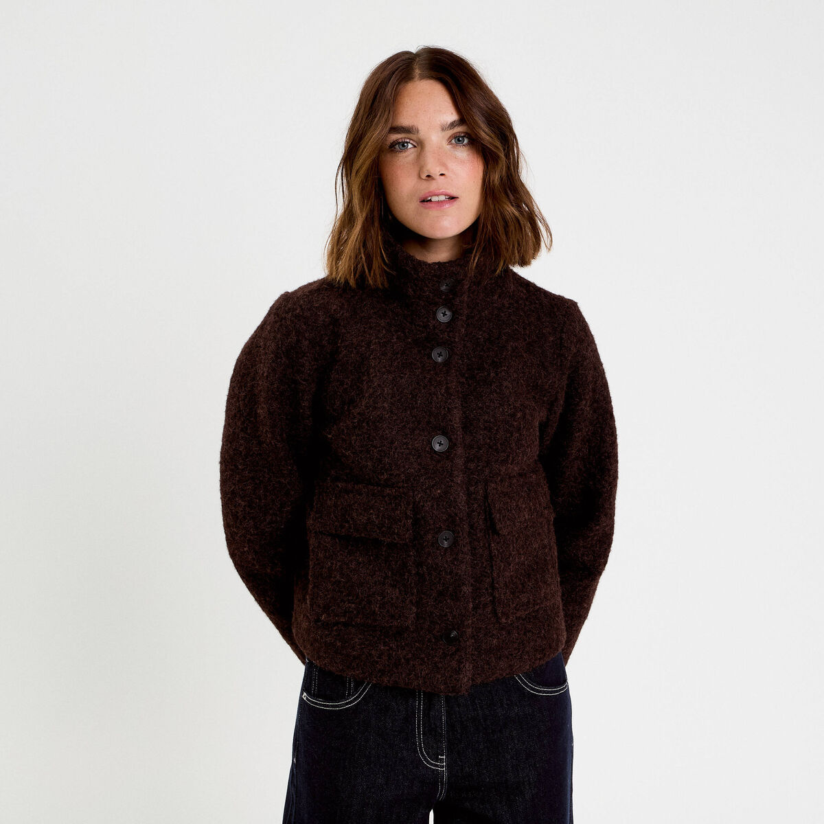 Veste col montant manches longues marron fonc&eacute; femme