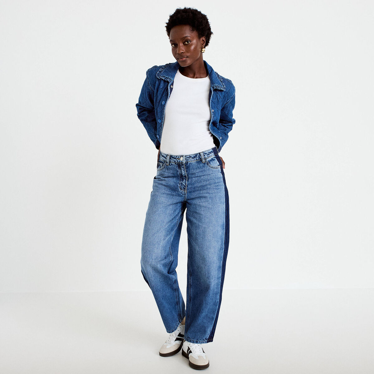 Jean mom cropped denim double stone femme