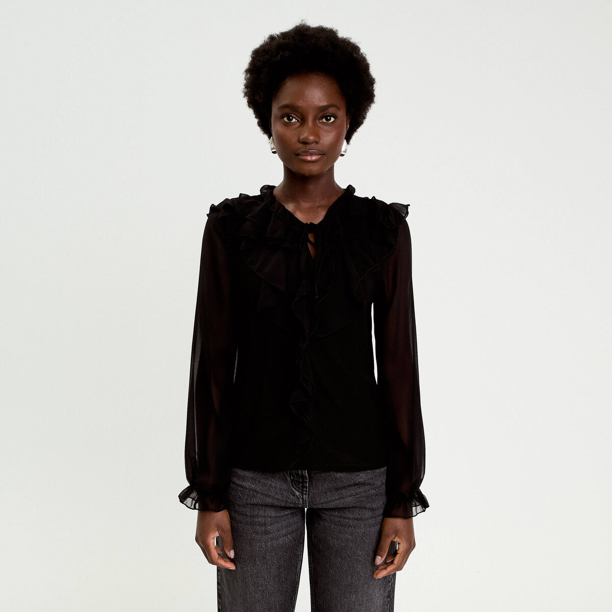 Blouse col v manches longues noir femme