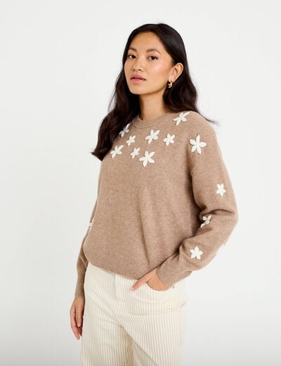 Pull oversize brod&eacute; manches longues beige femme