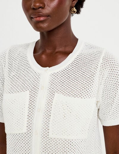 Gilet ajour&eacute; col rond manches courtes ecru femme