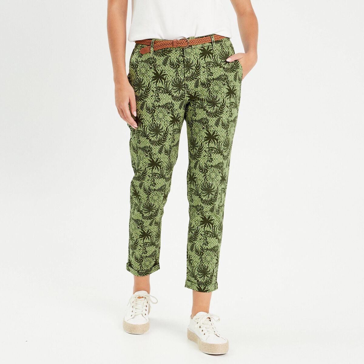 Pantalon chino slim 7/8&egrave;me vert femme