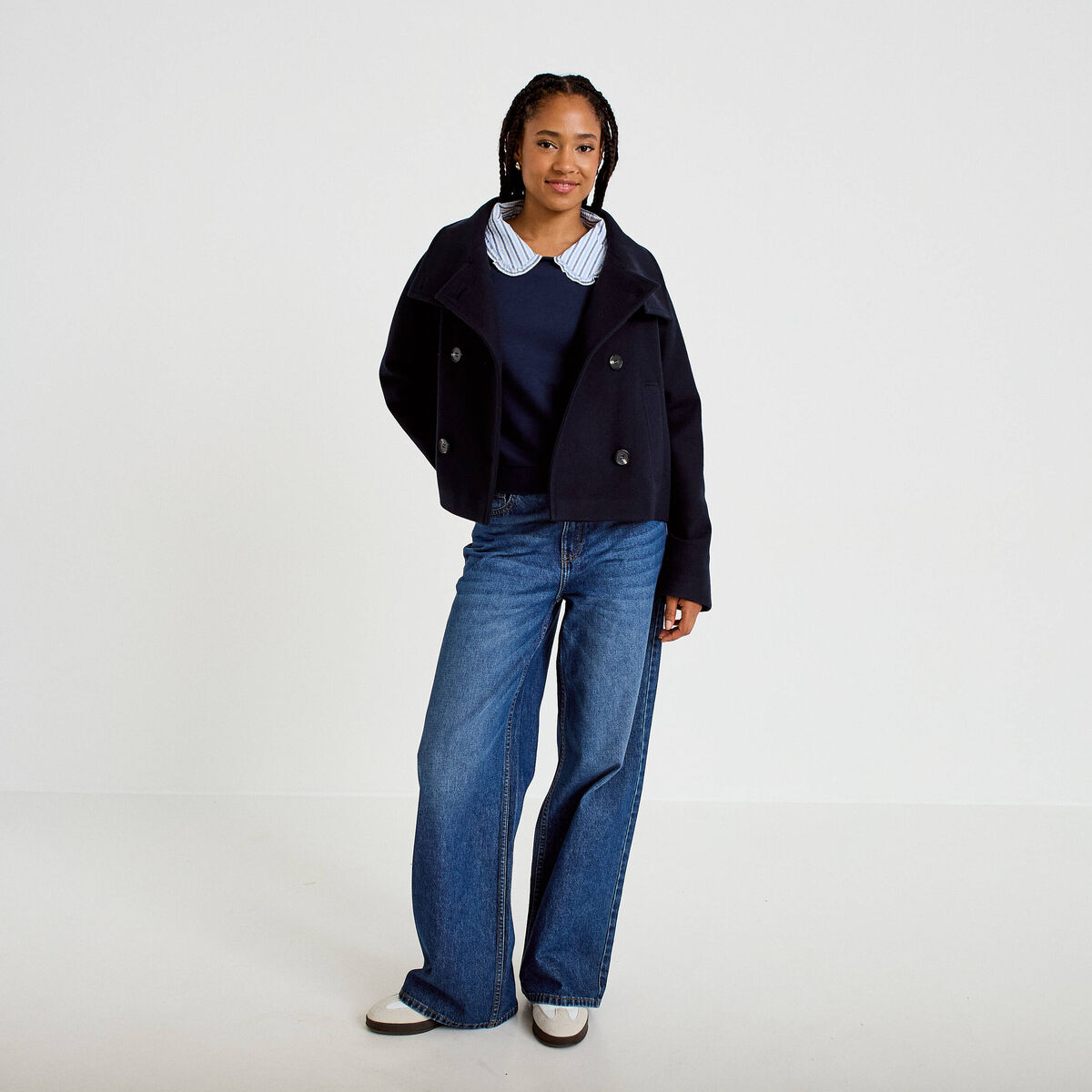 Sweat col chemise manches longues bleu marine femme