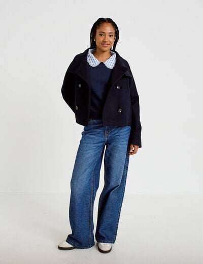 Sweat col chemise manches longues bleu marine femme