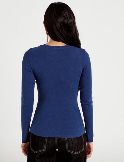 T-shirt cintr&eacute; col rond manches longues bleu fonc&eacute; femme