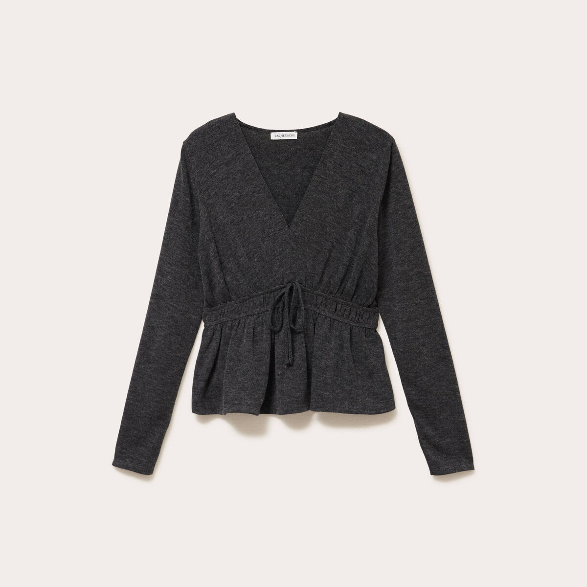Blouse cintr&eacute;e col v manches longues gris fonc&eacute; femme