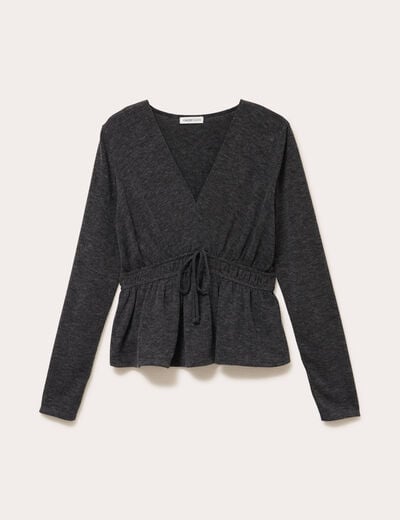 Blouse cintr&eacute;e col v manches longues gris fonc&eacute; femme