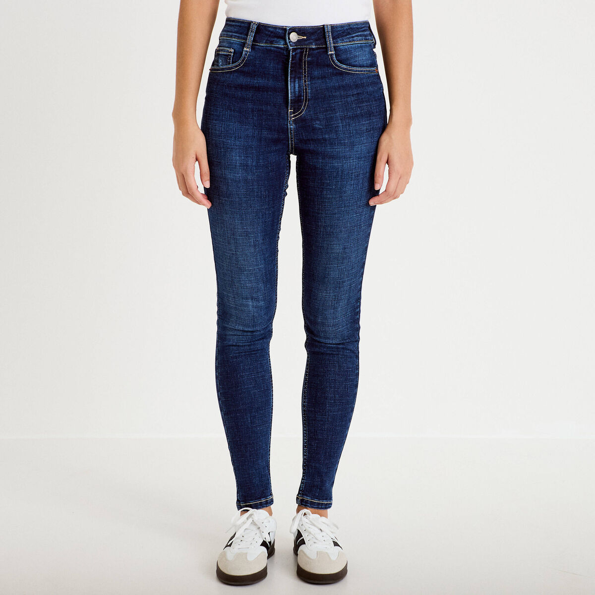 Jean skinny taille haute bleu fonc&eacute; femme
