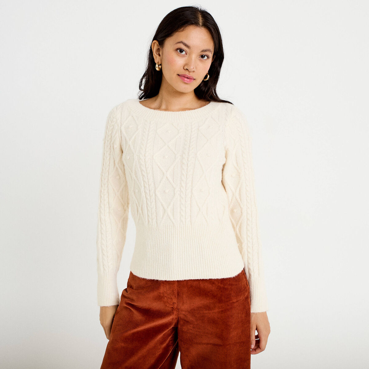 Pull col bateau manches longues ivoire femme