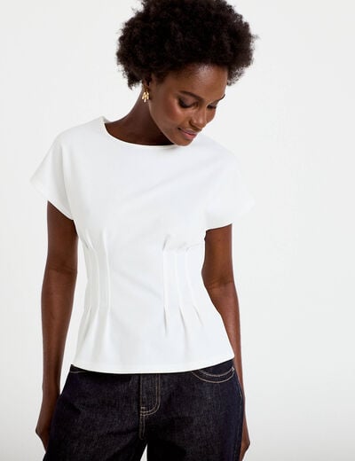 Top ajust&eacute; col rond manches courtes ecru femme