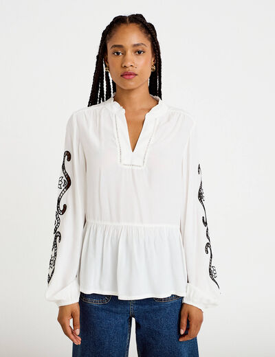 Blouse col v manches longues ecru femme