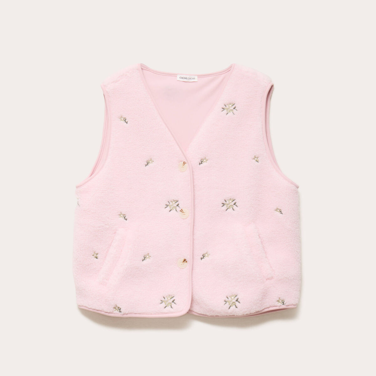 Gilet sans manches brod&eacute; effet polaire vieux rose femme