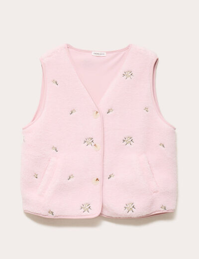 Gilet sans manches brod&eacute; effet polaire vieux rose femme