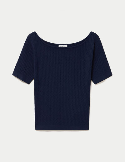 Pull ajust&eacute; court col bateau bleu marine femme