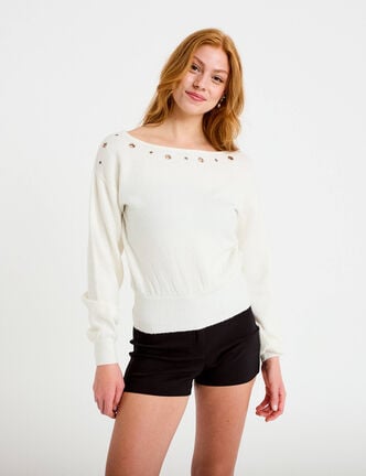Pull col bateau manches longues ecru femme