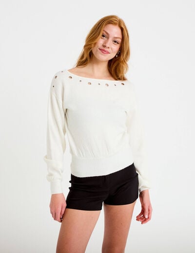 Pull col bateau manches longues ecru femme
