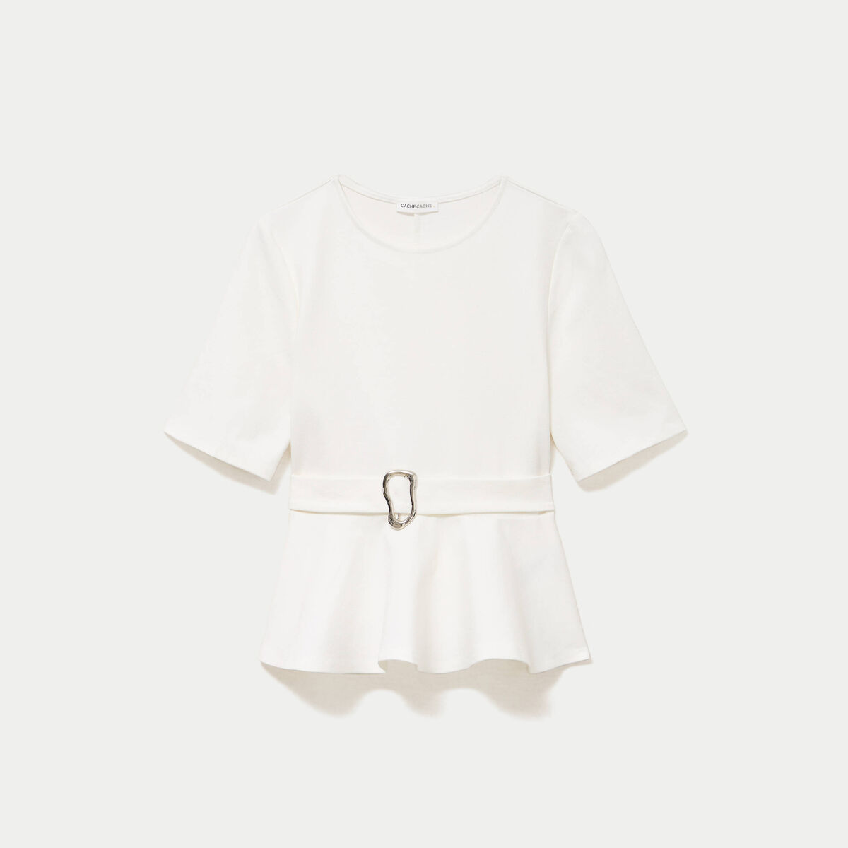 Top p&eacute;plum ceintur&eacute; manches courtes ecru femme