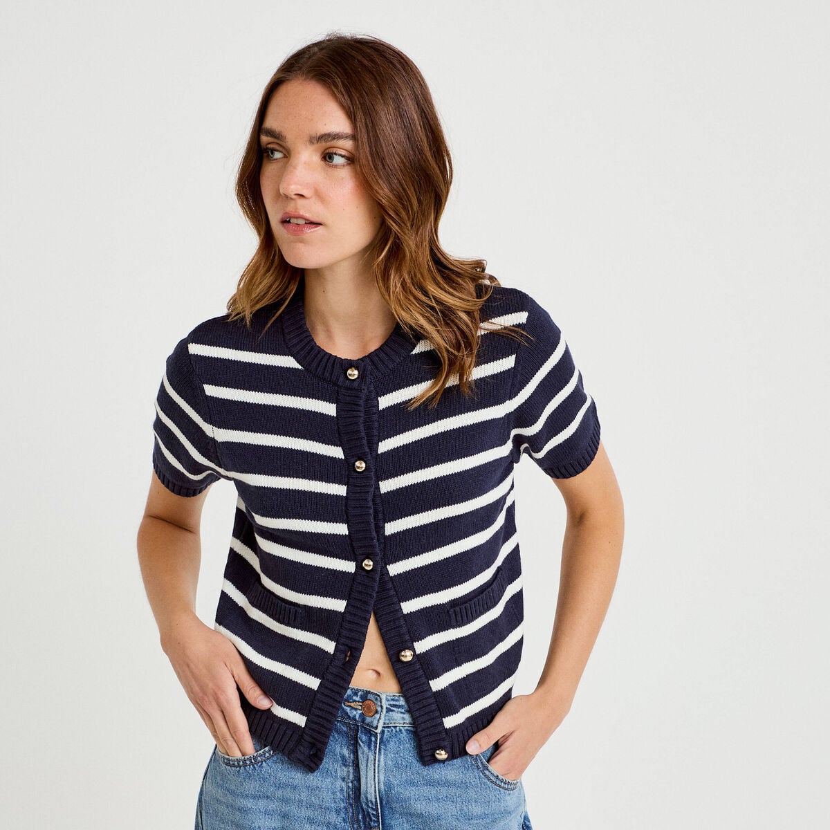 Gilet manches courtes bleu femme