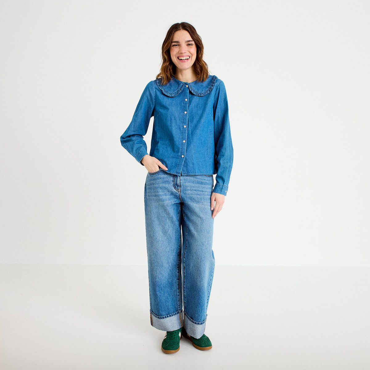 Blouse col claudine denim double stone femme