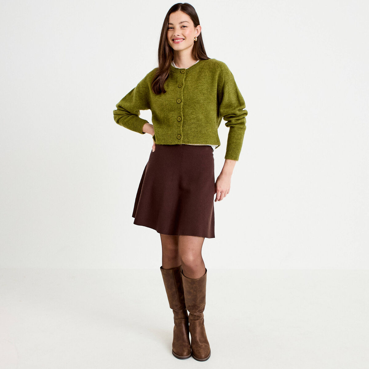 Gilet col rond vert fonc&eacute; femme