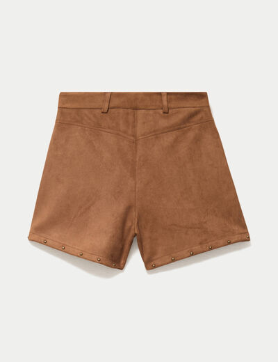 Short taille haute aspect daim clout&eacute; camel femme