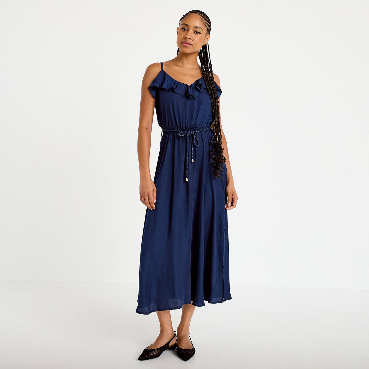 Robe longue &eacute;vas&eacute;e col v bretelles bleu marine femme