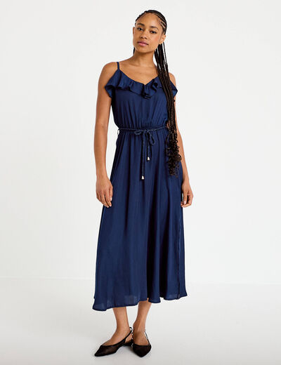 Robe longue &eacute;vas&eacute;e col v bretelles bleu marine femme