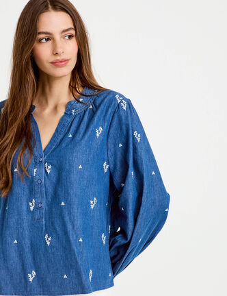 Blouse ample manches longues en jean blanc femme
