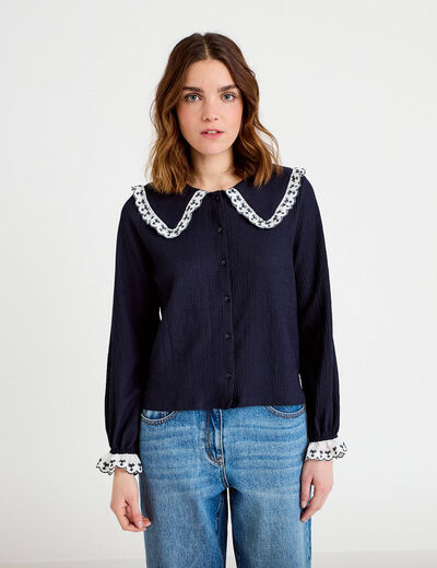 Blouse broderie manches longues bleu marine femme