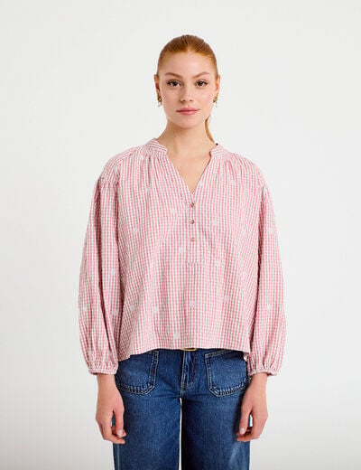 Blouse vichy brod&eacute;e rose femme