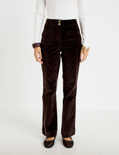 Pantalon bootcut taille haute velours marron fonc&eacute; femme