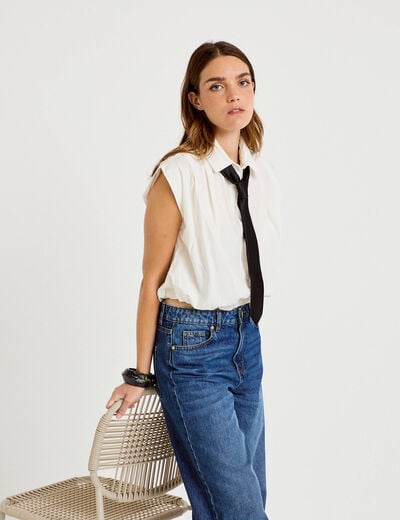 Chemise effet boule col am&eacute;ricain ecru femme