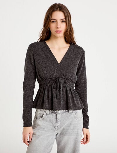 Blouse cintr&eacute;e col v manches longues gris fonc&eacute; femme