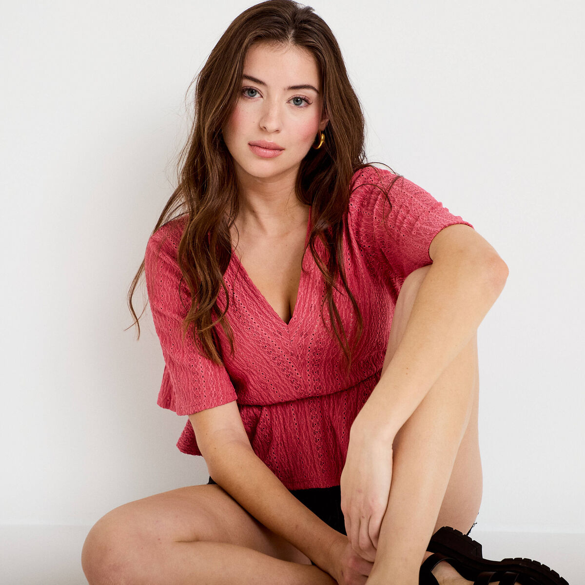Blouse manches courtes rose framboise femme