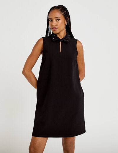 Robe droite courte col chemise clout&eacute;e noir femme